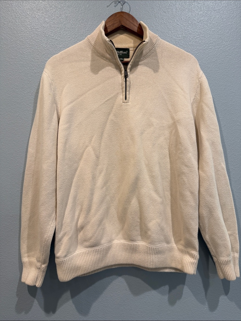 Vintage Eddie Bauer Zip-Up Pullover Oat Fisherman Knit Rib Sweater Baumwolle M